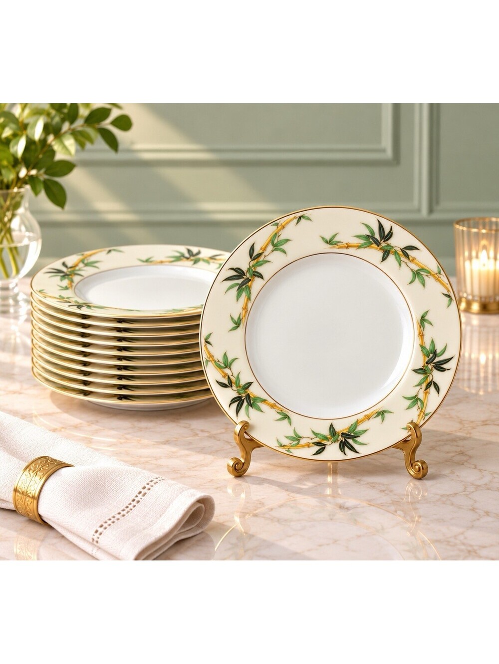 Kent China Japan 1950s Set Of 11 Salad Plates Bali Hai Bamboo Gold, 7.5"